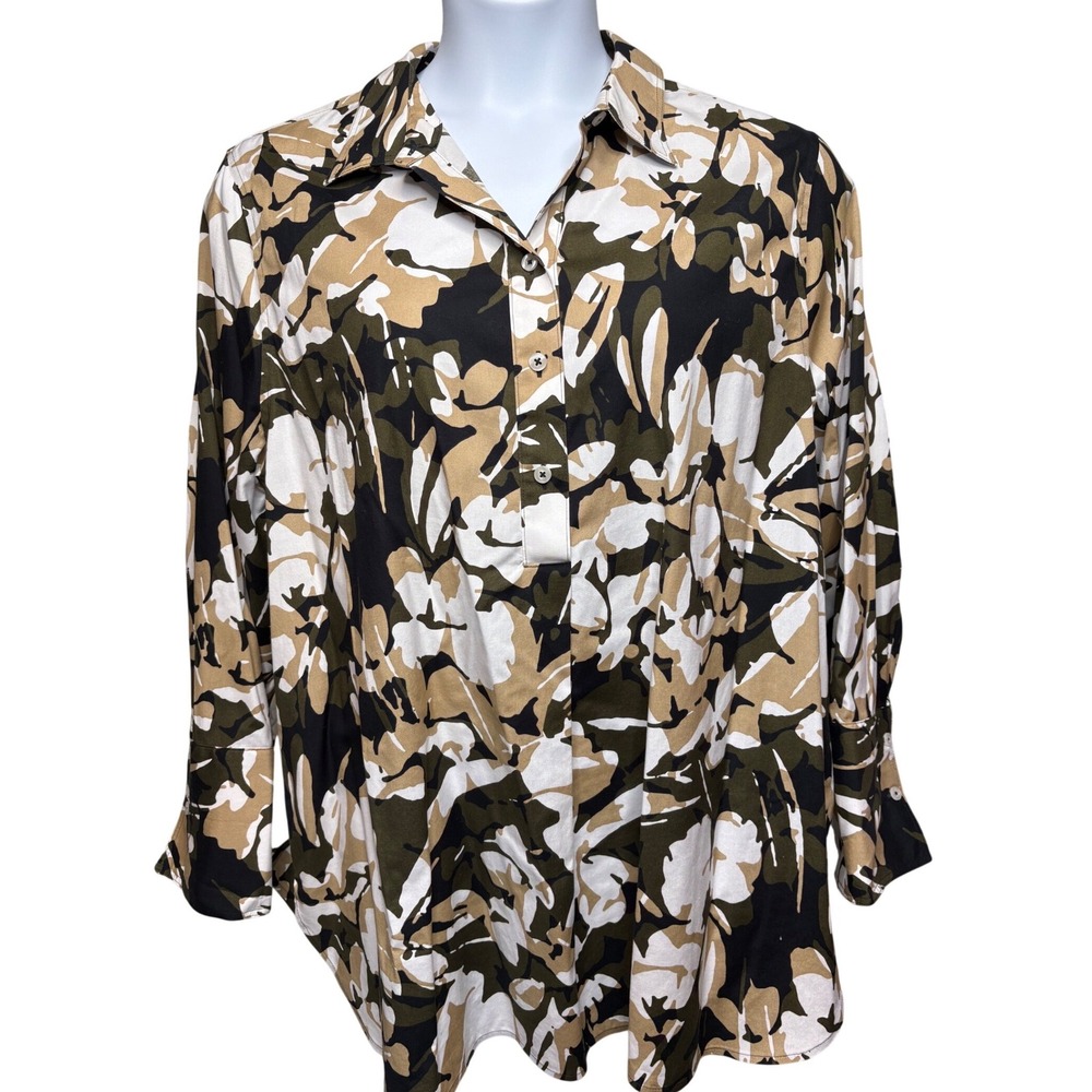 CHICO'S Womens Olive Floral Long Sleeve Blouse Sz 4/XXL Stretch Safari No Iron